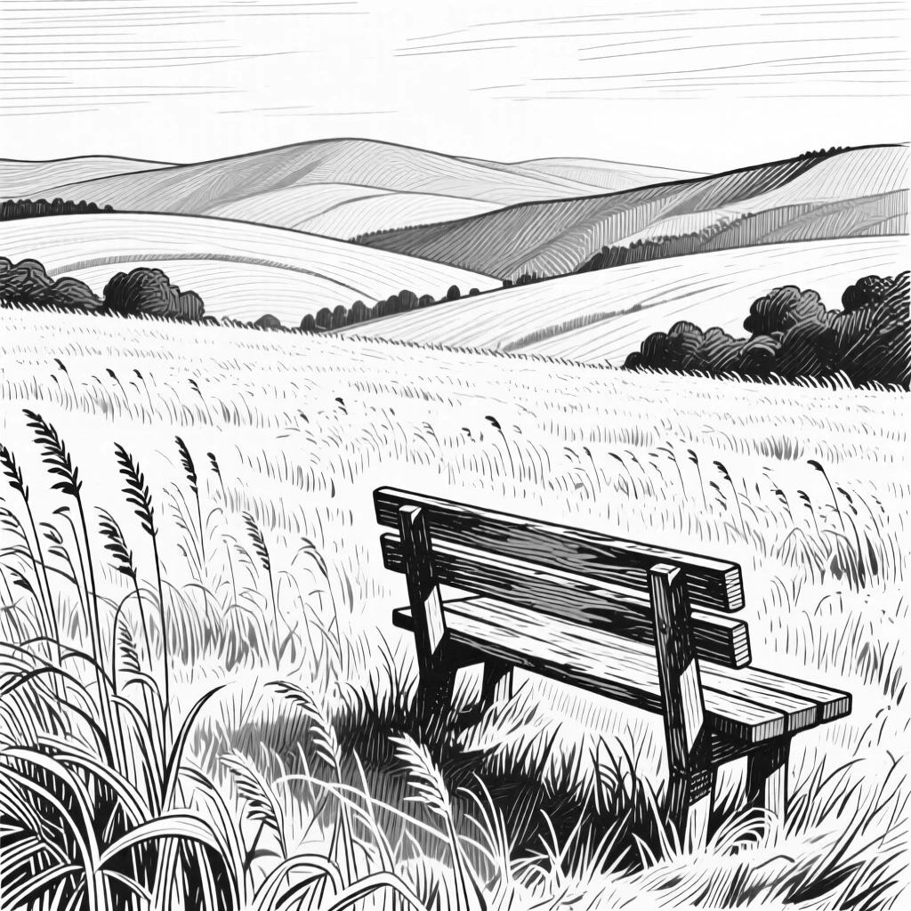 A field of wild grasses with layers of hills fading into the distance, with a single wooden bench overlooking the view, evoking a serene and contemplative atmosphere in a wide, balanced composition.