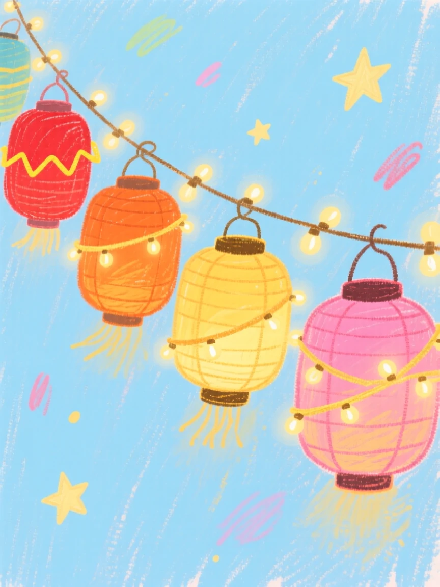 A string of paper lanterns lit by strings of warm twinkling lights.