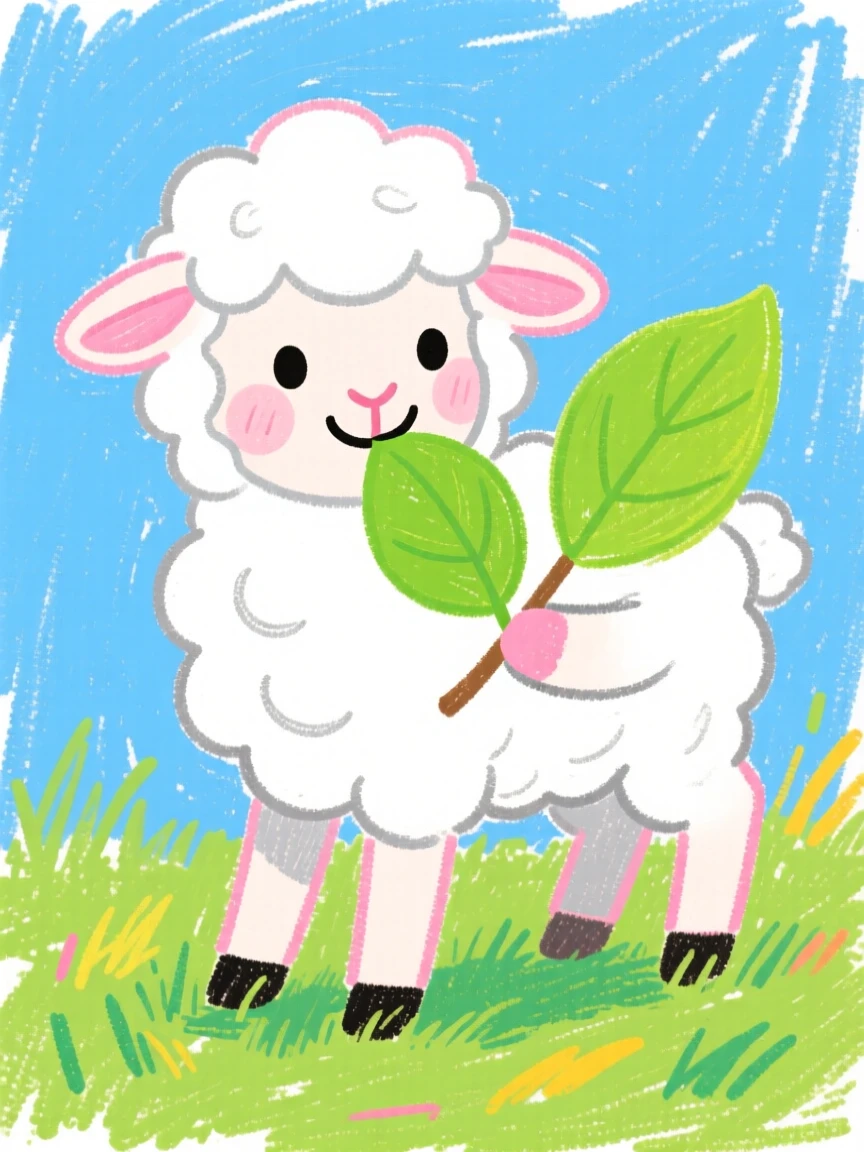 A woolly lamb nibbling on a fresh green leaf.