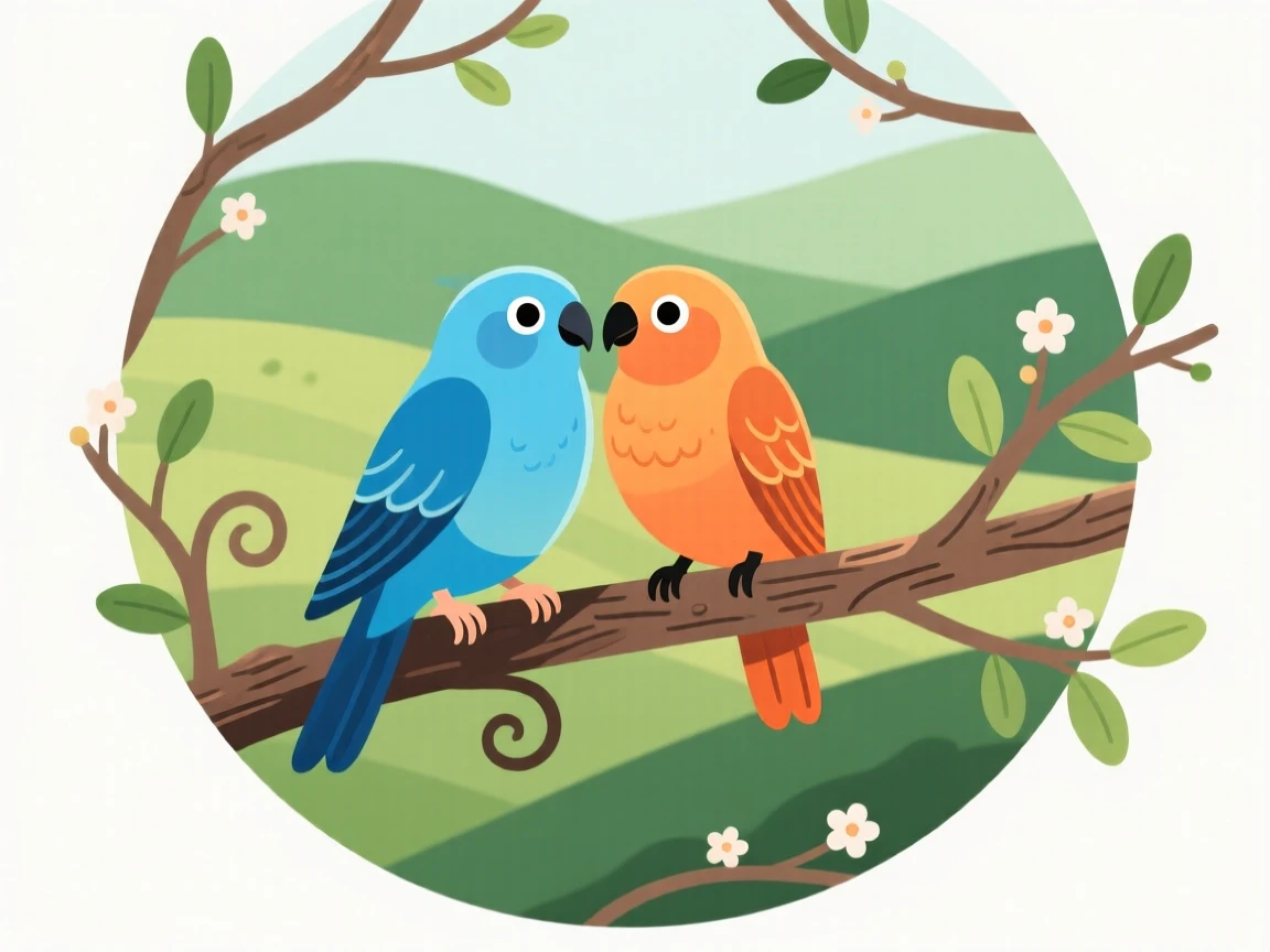 A pair of lovebirds perched close together on a branch, set against a backdrop of rolling green hills, placed within a circular vignette of natural framing, with a sense of playful curiosity captured perfectly.