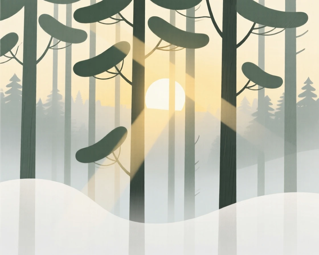 A misty pine forest at sunrise with soft light filtering through the tree branches.