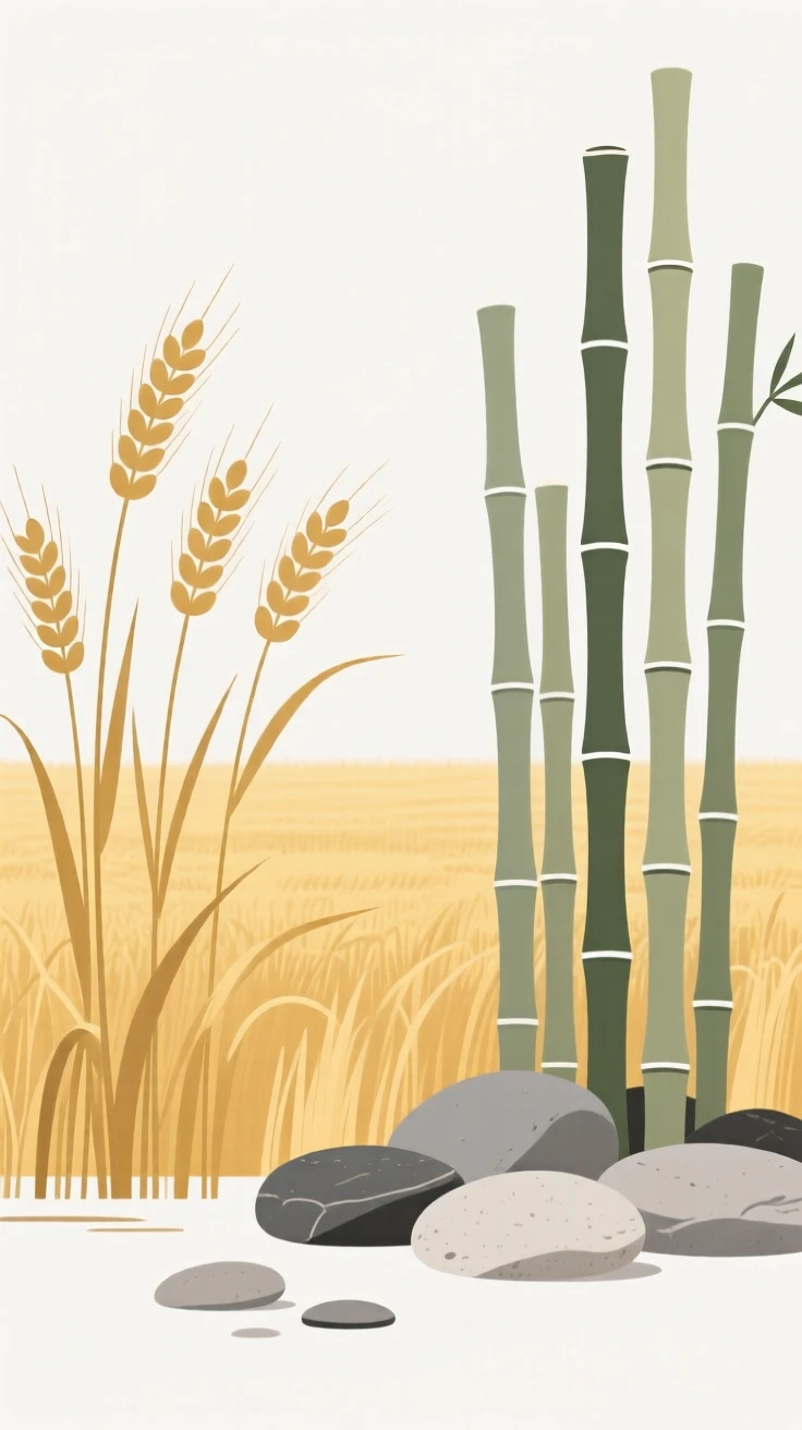 A golden wheat field, quiet and still, cradles a bamboo grove resting beside smooth river stones, capturing a feeling of timeless calm.