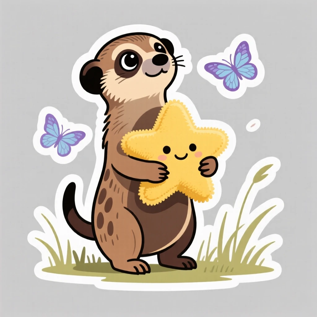 A proud curious meerkat hugging a plush star toy, in a meadow with butterflies fluttering around.