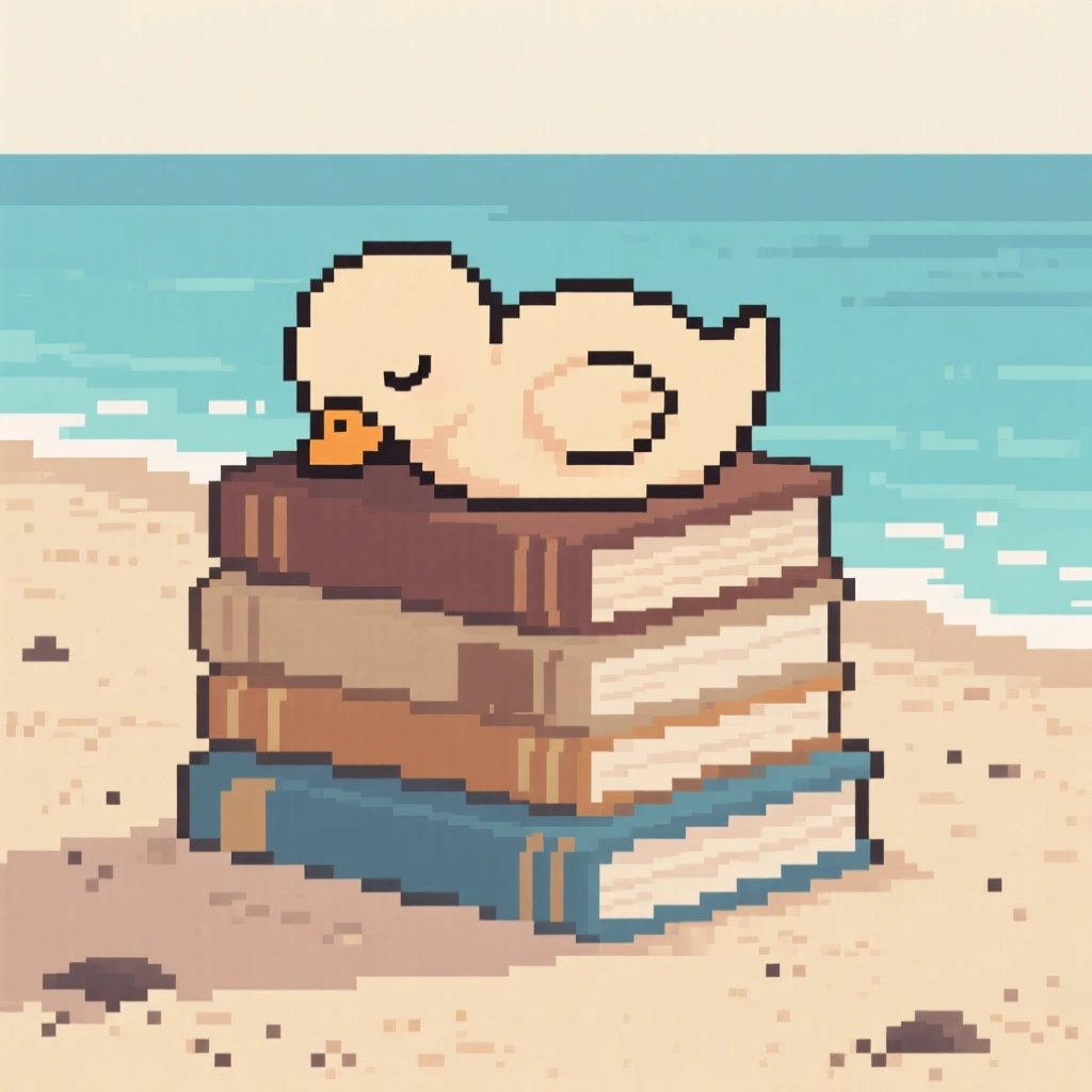 A duckling curled up asleep on a stack of books, on a quiet beach at low tide.