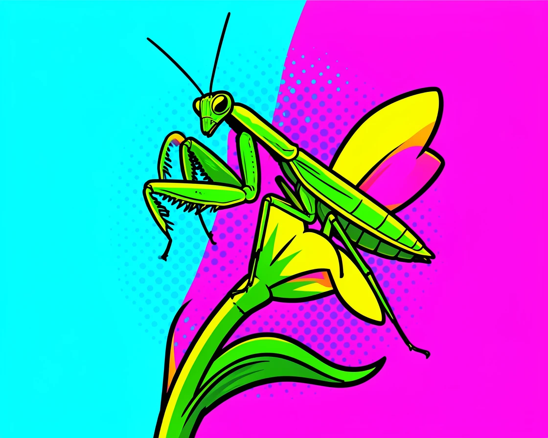 A praying mantis perched delicately on a flower stem