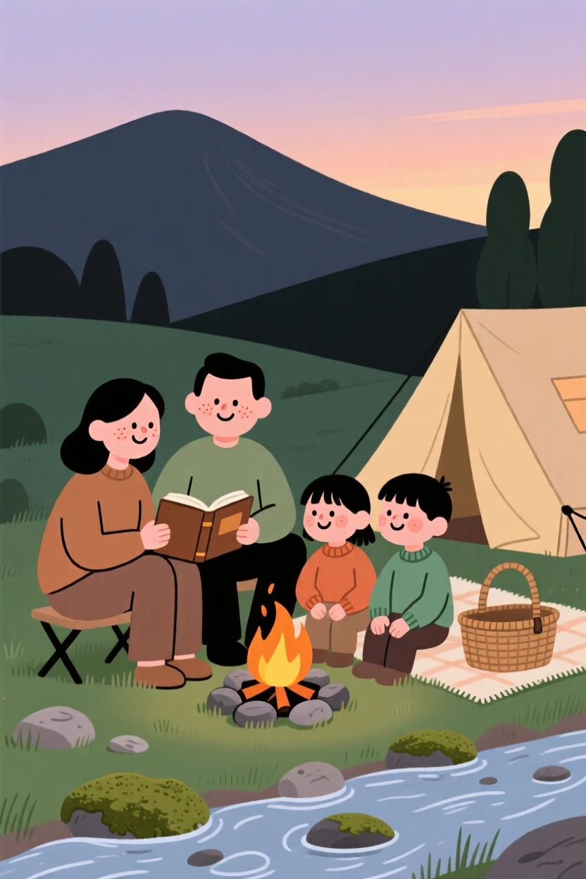 A family sets up camp beside a gentle stream as the evening glow fades behind the mountain ridge, sharing stories around a small fire.