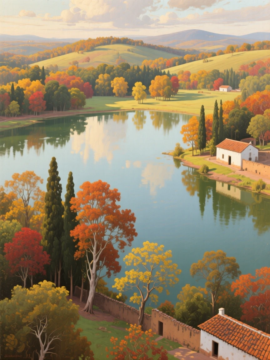 A high overhead view of a tranquil lake surrounded by autumn-colored trees, in late spring, in colonial Mexico.