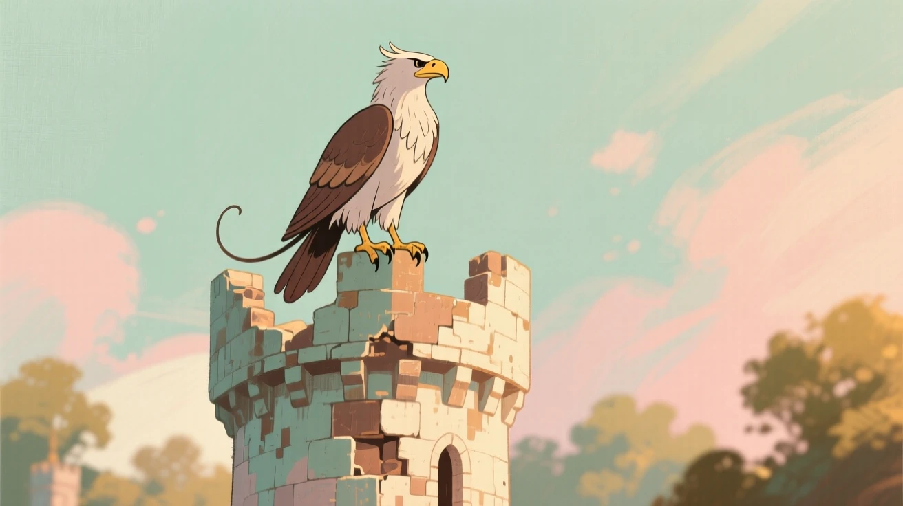 A griffin perched atop a crumbling castle tower