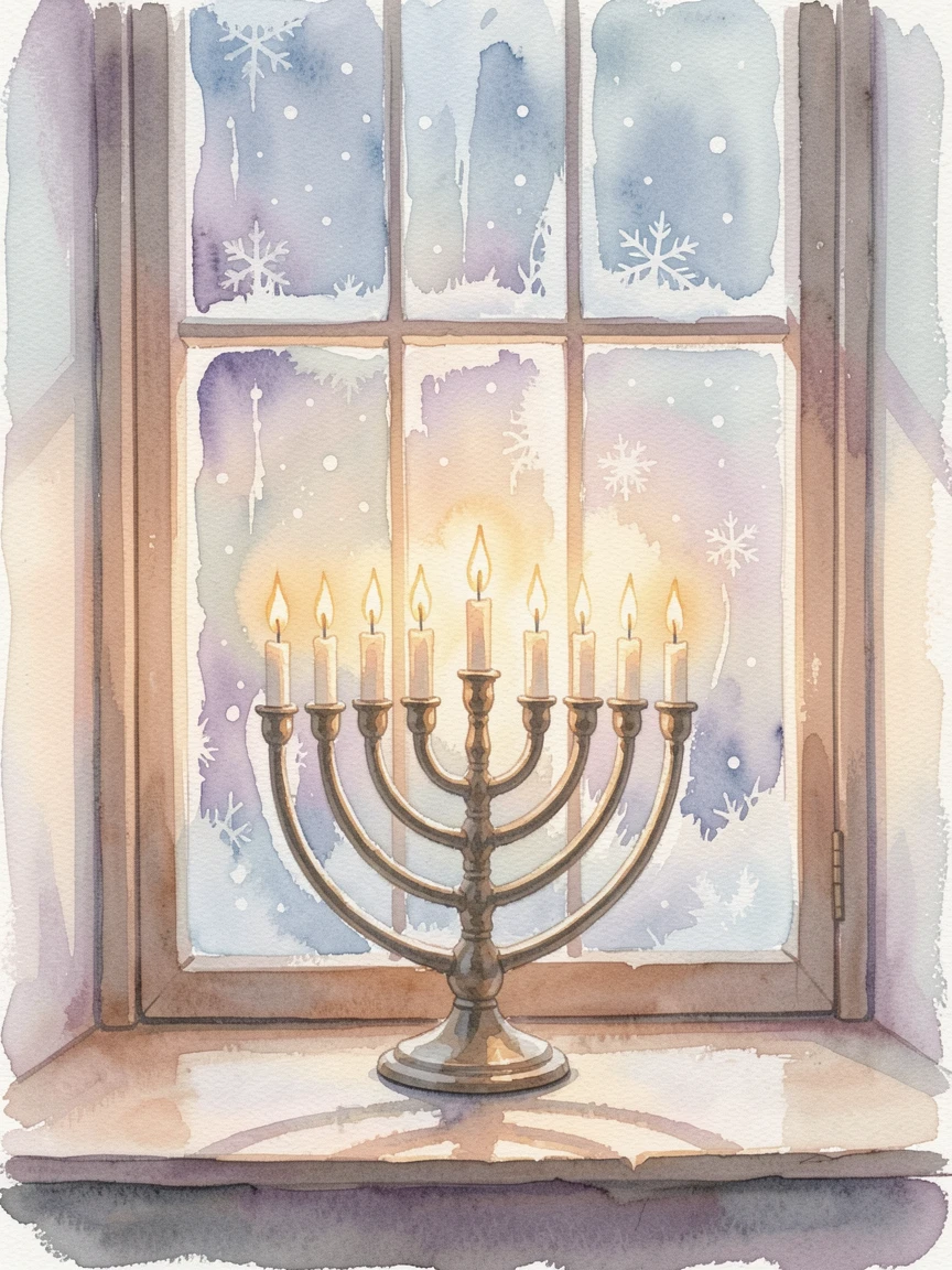 A Hanukkah menorah glowing in a frosty window with soft snow gently falling.
