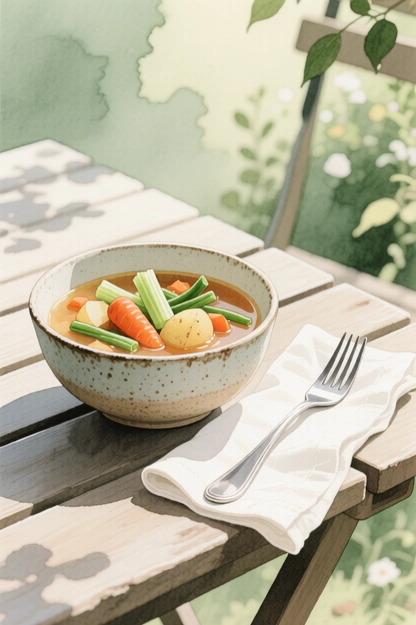 A bowl of hearty vegetable soup sits beside a linen napkin and silver fork at an outdoor garden party, arranged beautifully for a delightful meal