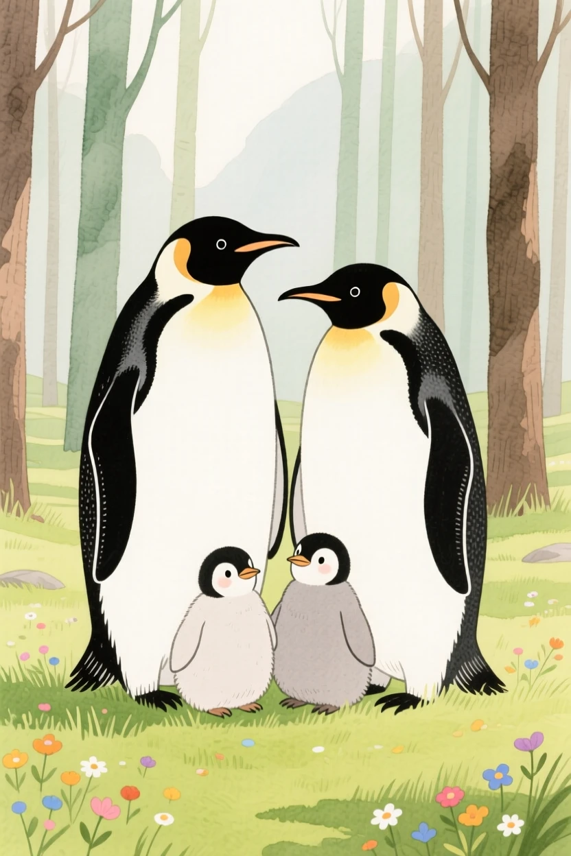 A close-up portrait of a family of penguins in a quiet forest clearing.
