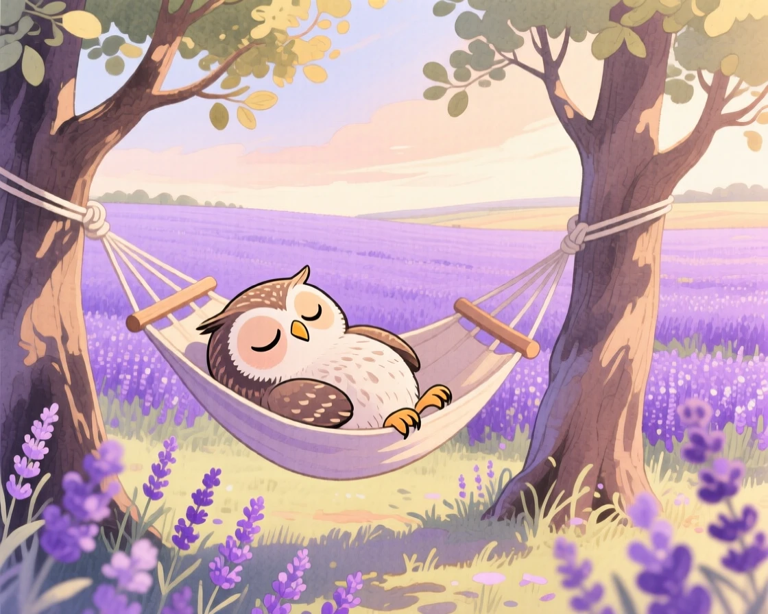 A curious owlet dozing in a hammock strung between two trees, set in a lavender field stretching to the horizon, evoking warmth and gentle affection.