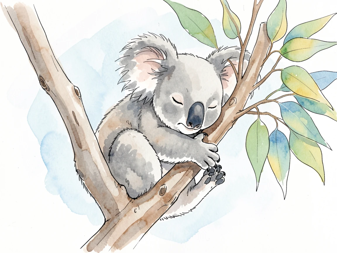 A koala clinging to a eucalyptus branch, half-asleep with one paw wrapped loosely around a smaller limb