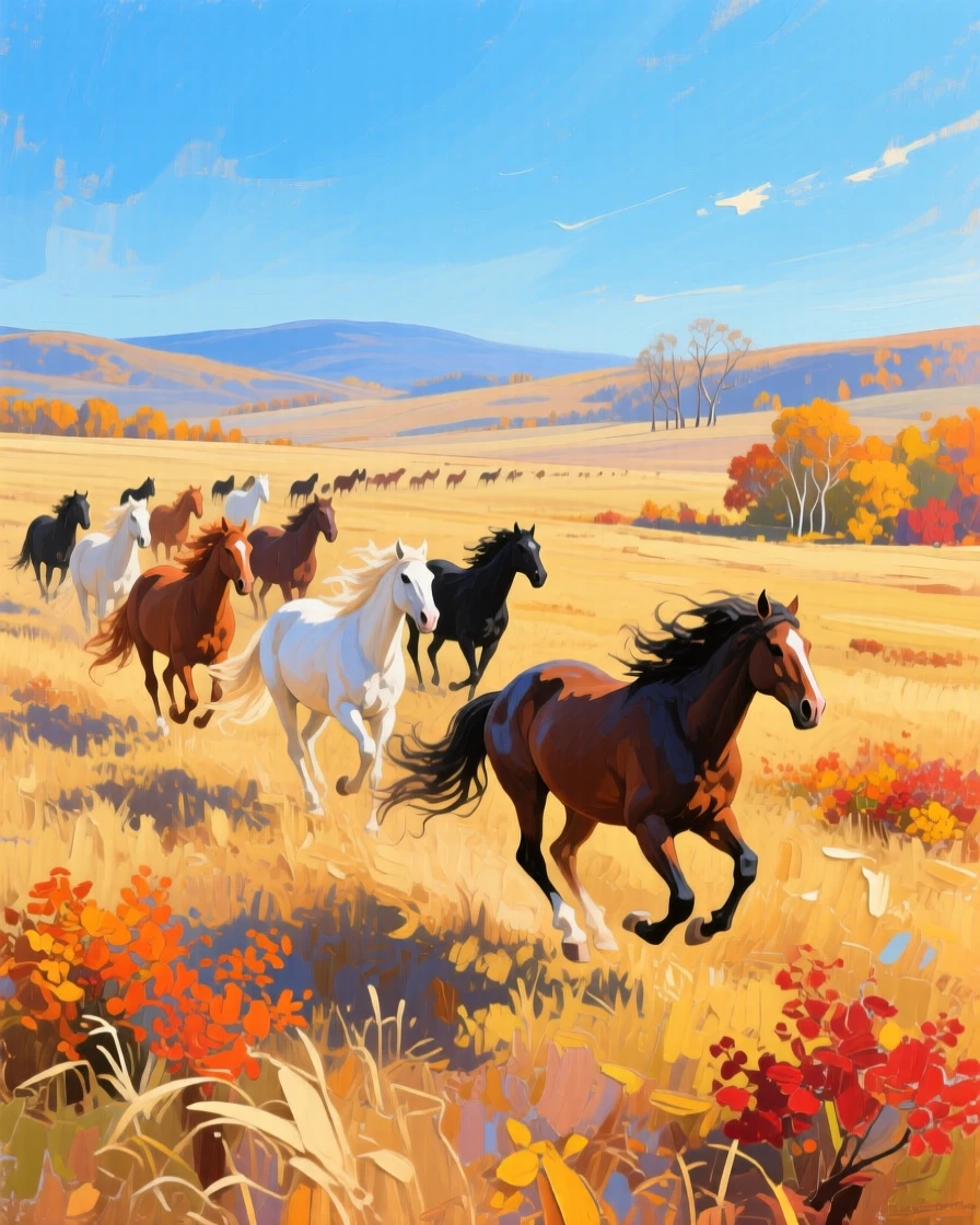 a herd of wild horses on an open plateau, on a clear autumn morning, with a balanced, spacious view of the surroundings.
