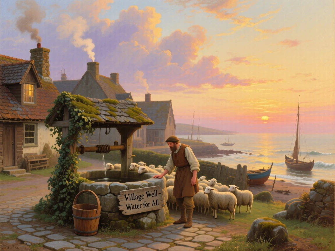 A shepherd gathers at the well in a coastal fishing village as the sun rises over the rooftops.