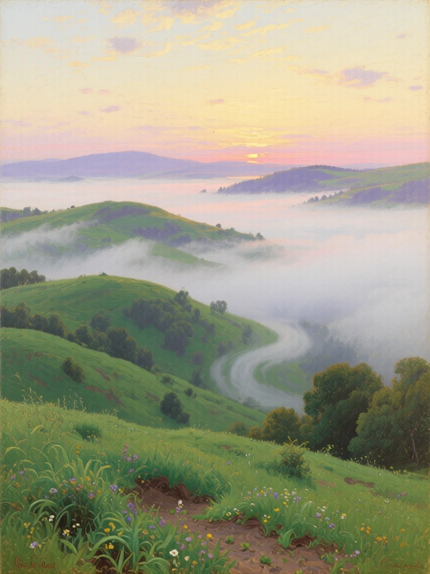 A thick fog rolling over rolling green hills at dawn, with the first light of dawn breaking over distant ridgelines, offering a moment of stillness amid overwhelming natural beauty