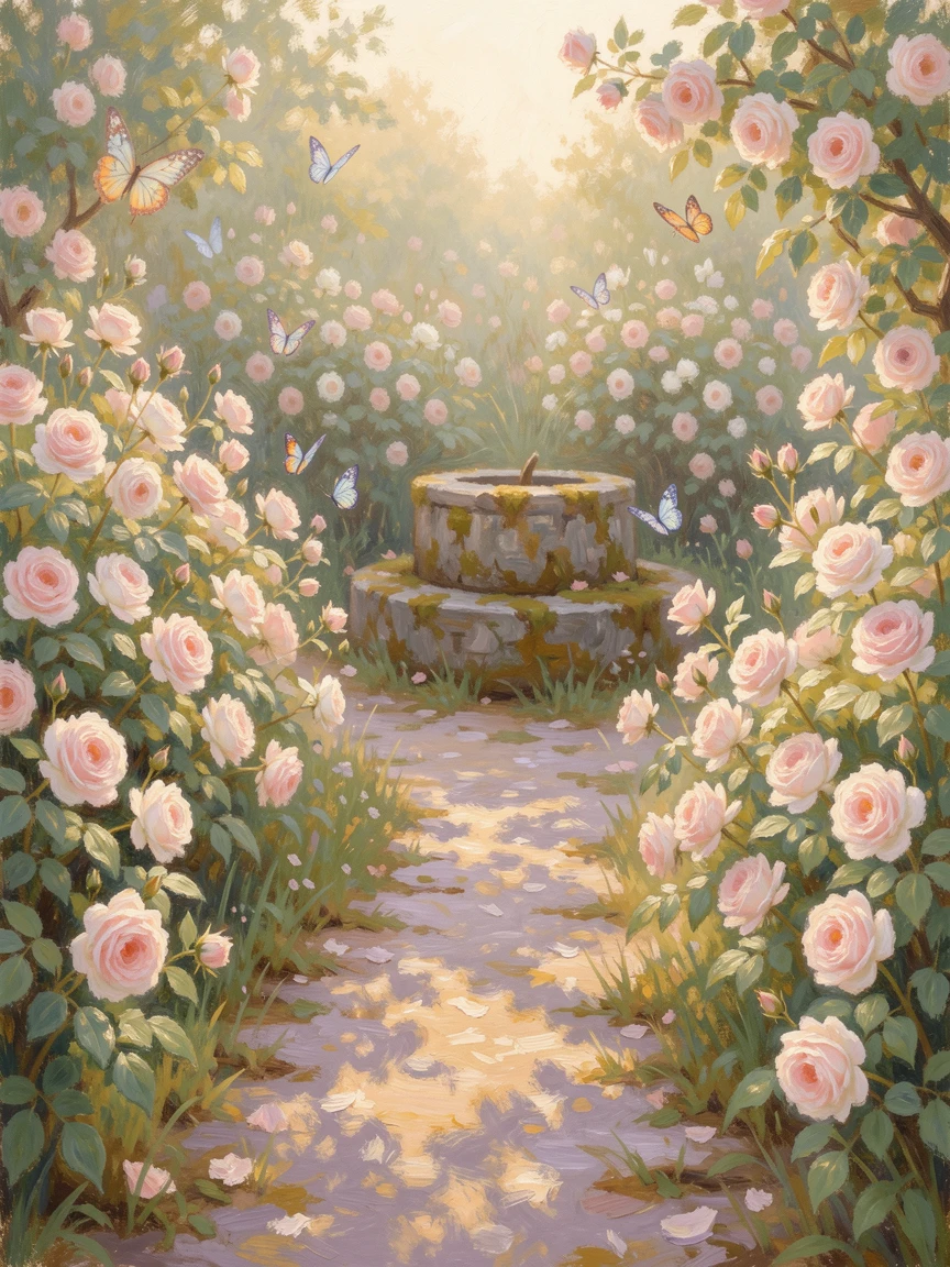 A path through a wild rose garden leading to an old stone well, butterflies drifting among the blossoms.
