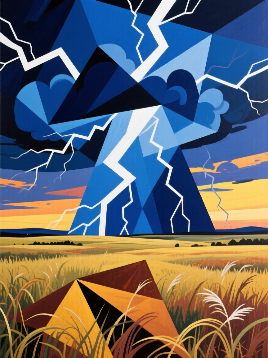A dramatic thunderstorm rolling across an open prairie at dusk.