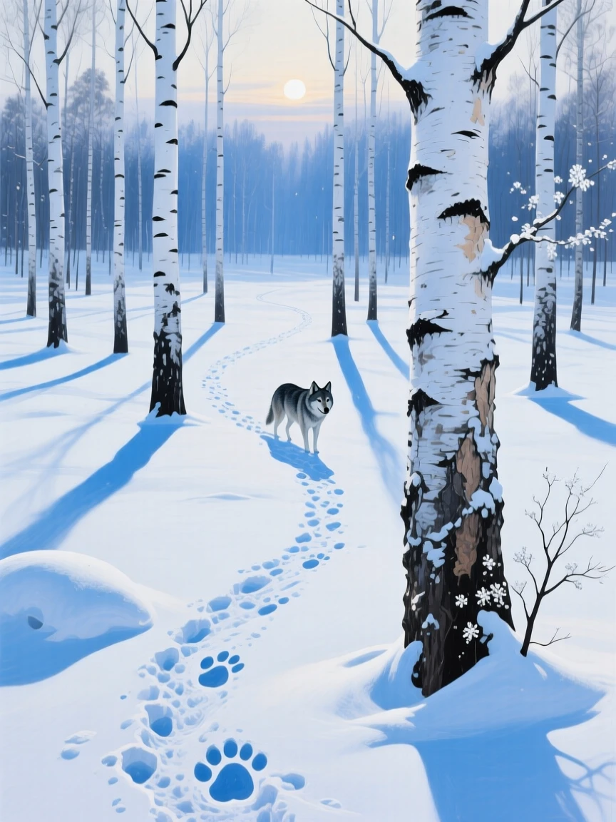 A birch forest in Russia stands stark white against fresh snowfall, a wolf's tracks weaving between the trunks, pale winter light casting long blue shadows across the untouched drifts, the composition balancing a wide sweeping view with intimate, carefully observed foreground detail.