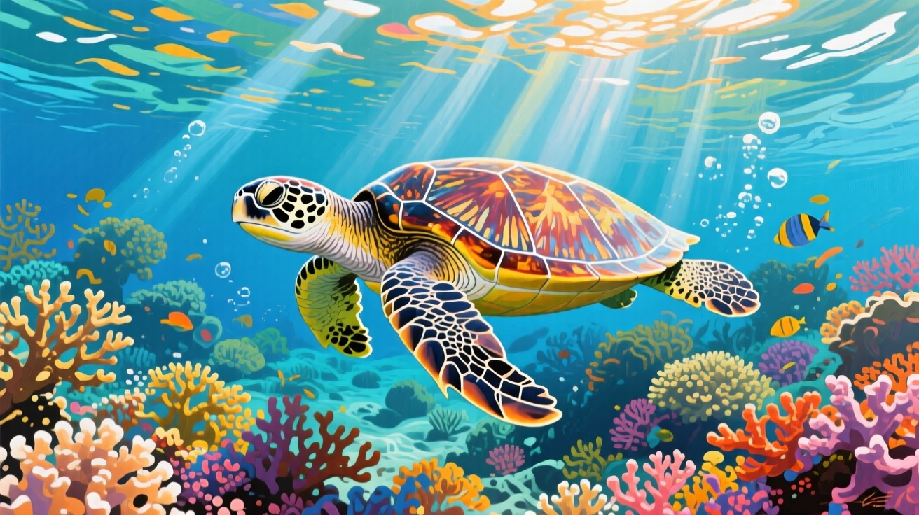 A sea turtle gliding gracefully over a vibrant coral reef, sunlight streaming down from the surface