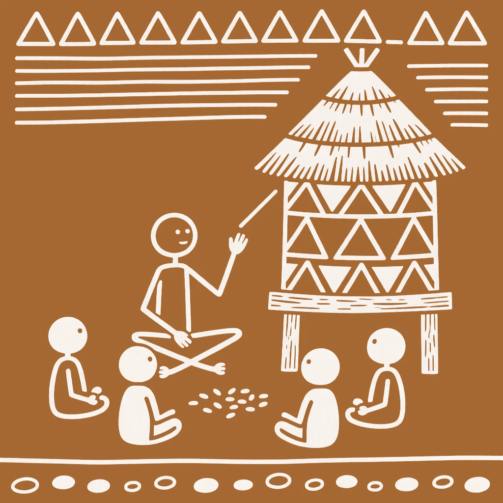A village storyteller teaching younger villagers an old custom near a thatched-roof granary.