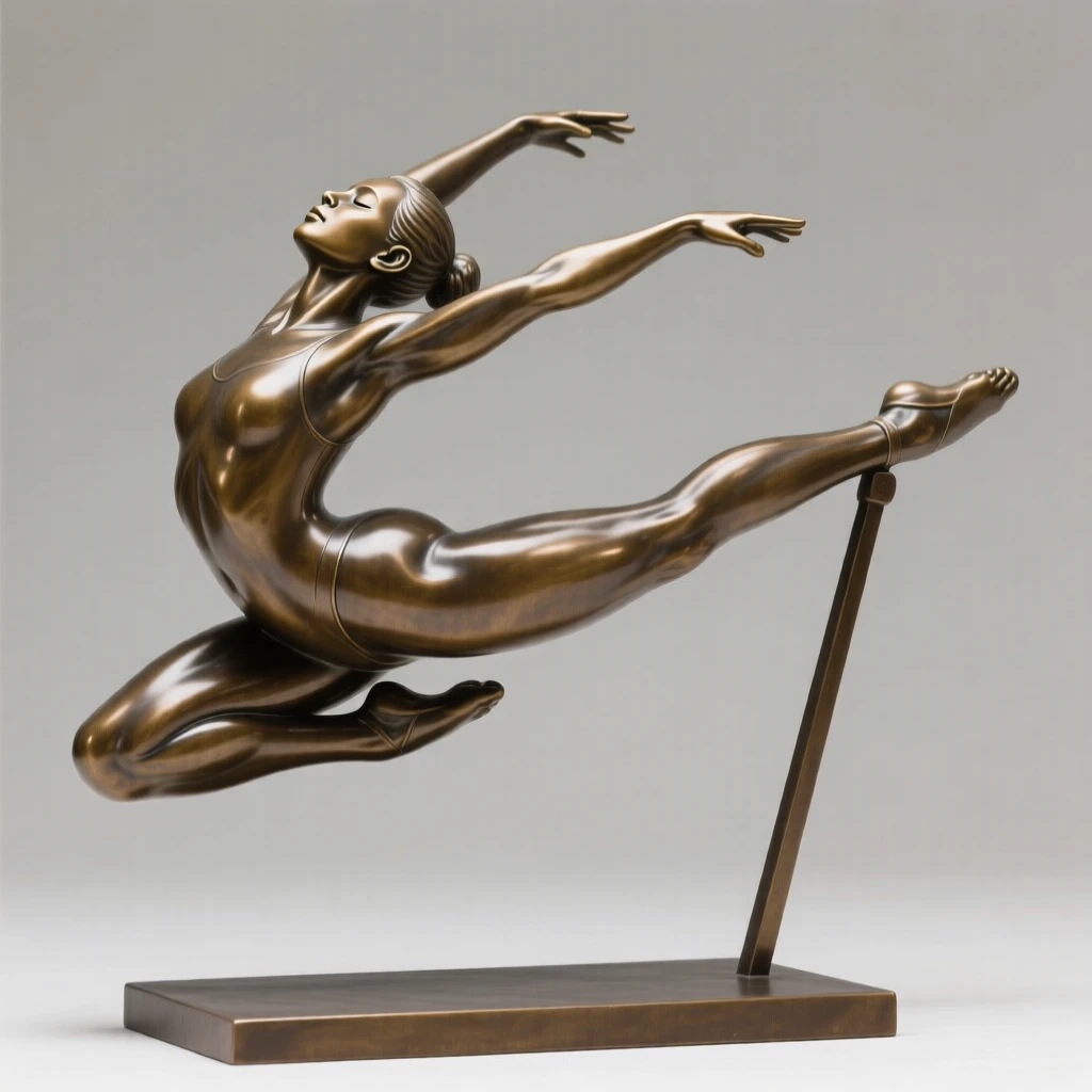 A gymnast mid-leap, with eyes closed in peaceful serenity, forming a strong central focal point