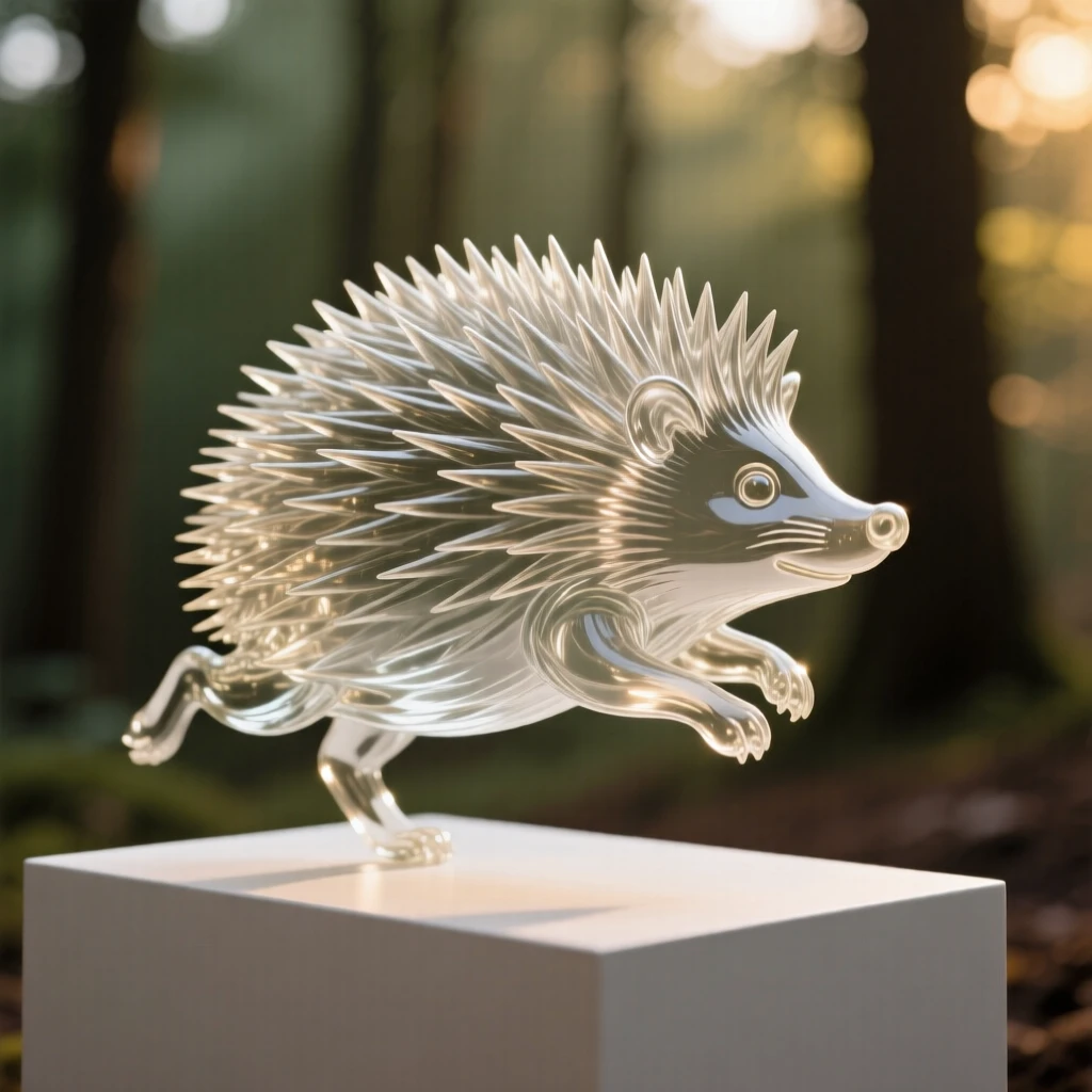 A hedgehog captured mid-motion against a soft-focus forest backdrop, golden hour light rimming its fur, conveying grace and wild energy.