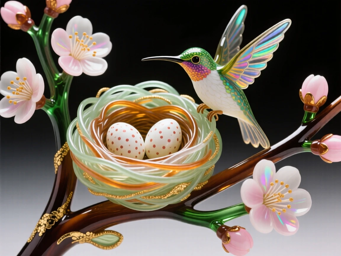 A tiny hummingbird nest with two eggs cradled in a blossoming branch, tender and delicate.