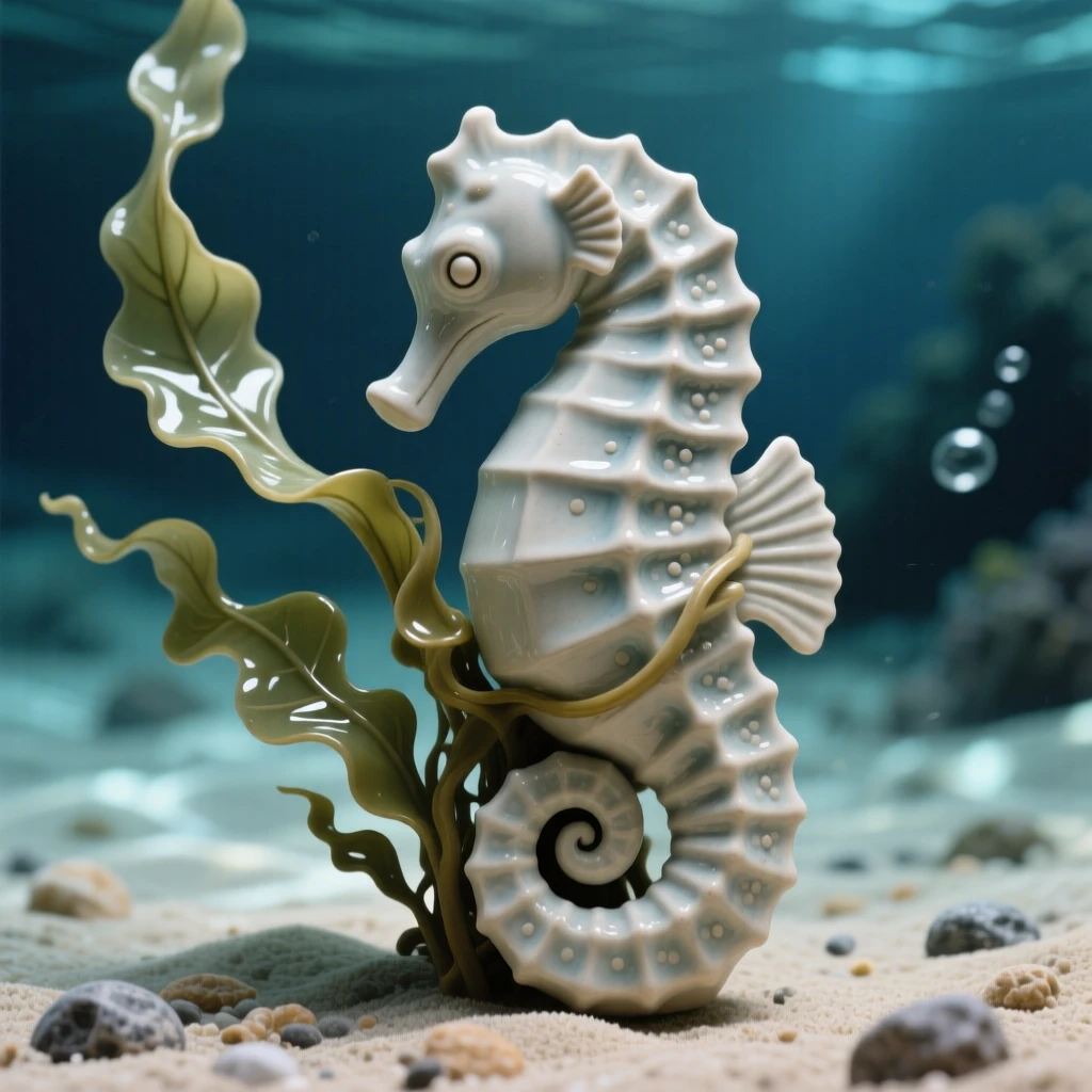 A curled seahorse clinging to a strand of kelp resting peacefully on the ocean floor, its surface dappled with shifting light patterns, capturing a fleeting moment of underwater grace.
