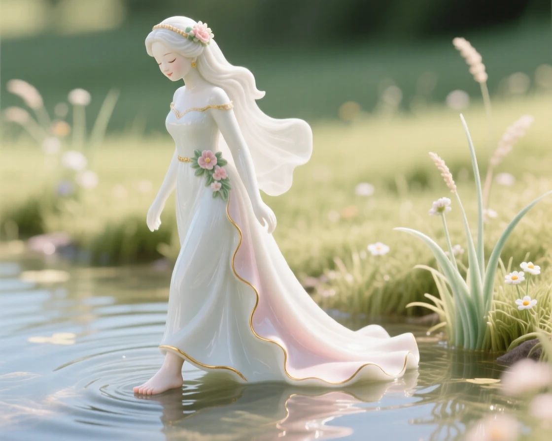 A noble bride walking barefoot through shallow water in a sunlit meadow, her eyes closed in peaceful reflection.