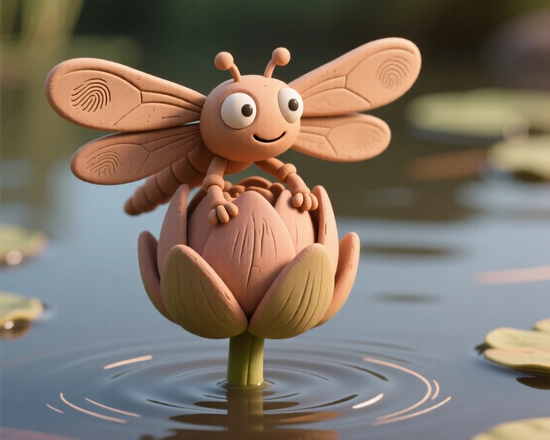 A dragonfly resting on a lotus bud above still pond water
