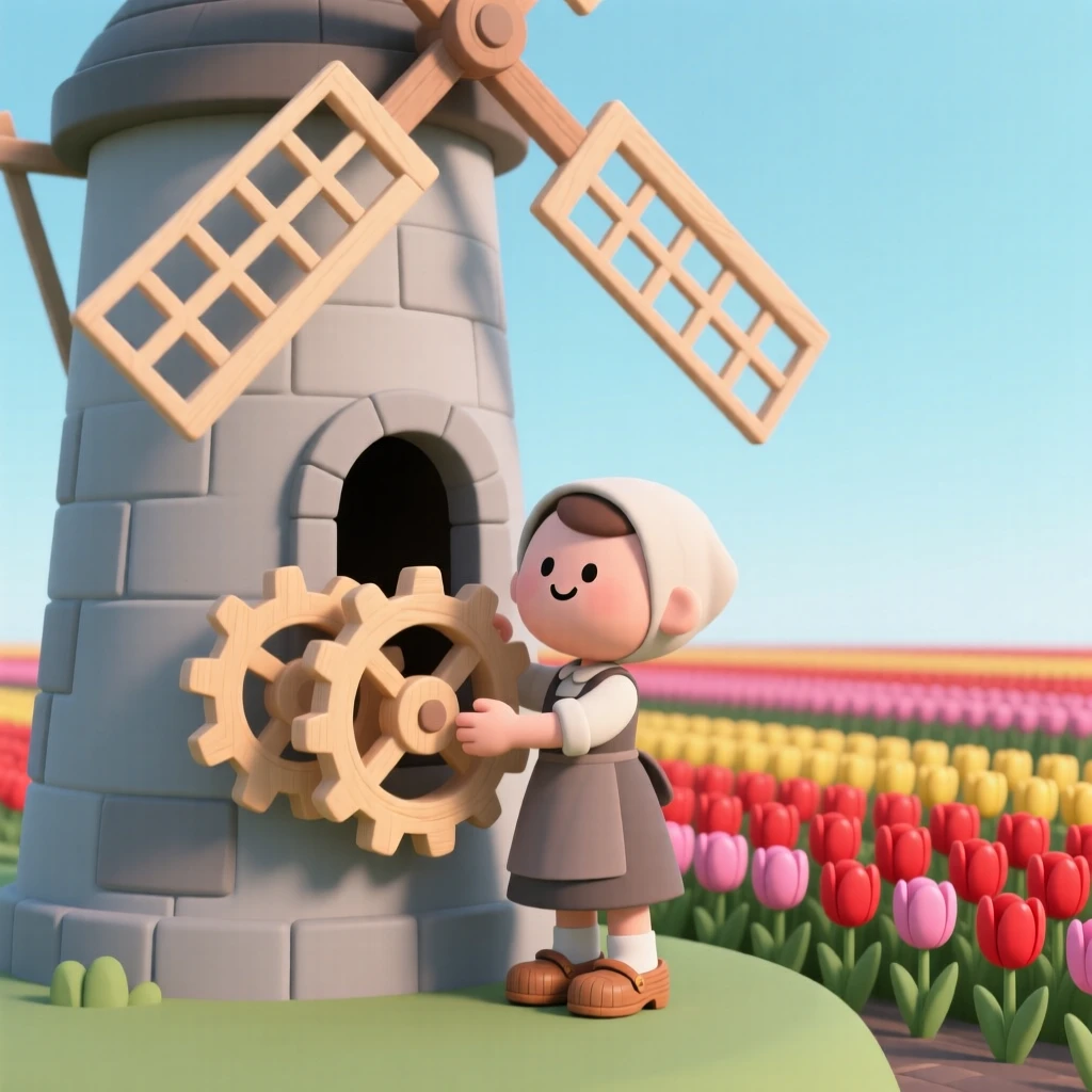 A traditional Dutch windmill keeper adjusts wooden gears inside a tall stone mill, tulip fields stretching to the horizon outside.