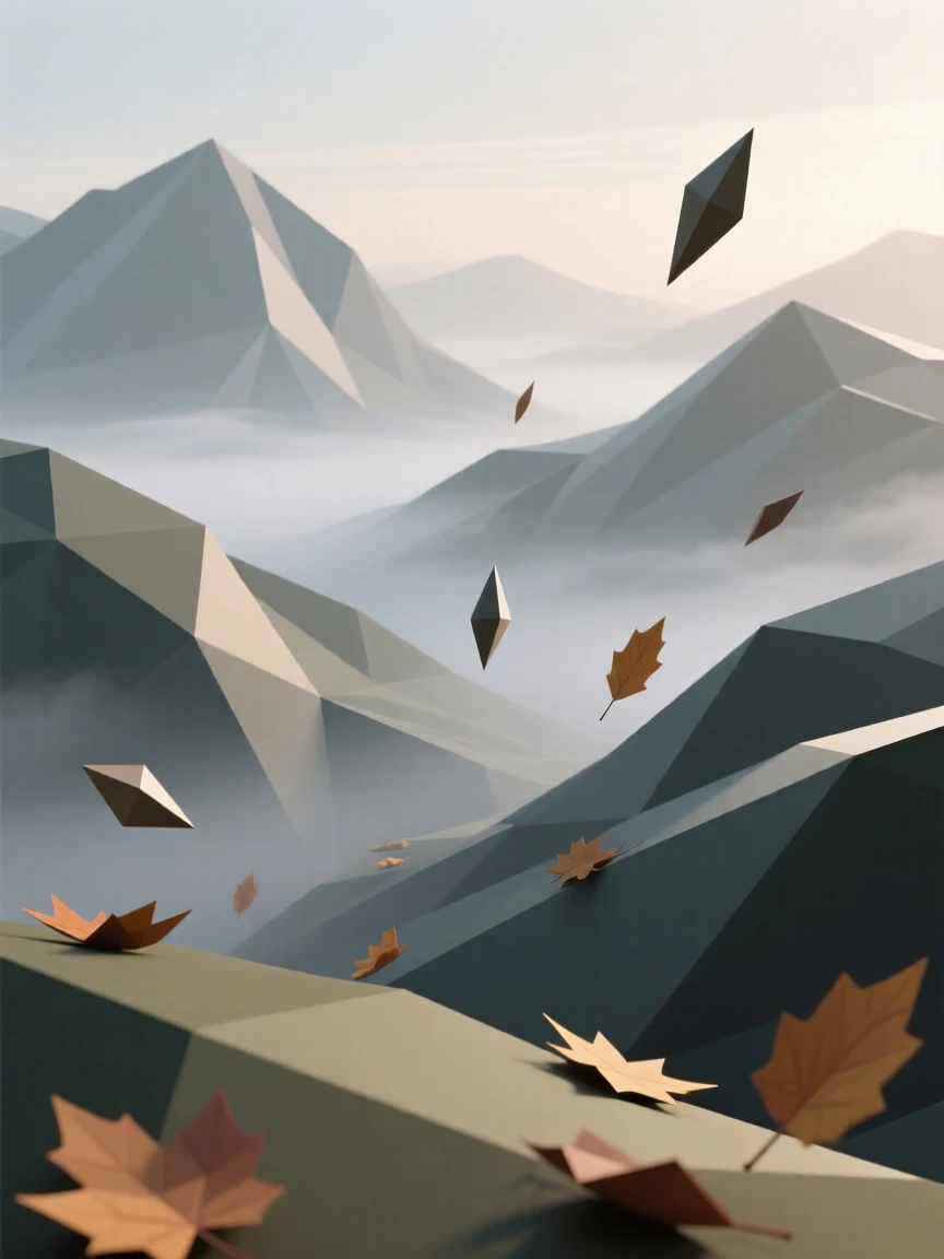 A misty valley at first light, as autumn leaves drift through the air. layers of color create a striking sense of depth. The scene feels vast and awe-inspiring.