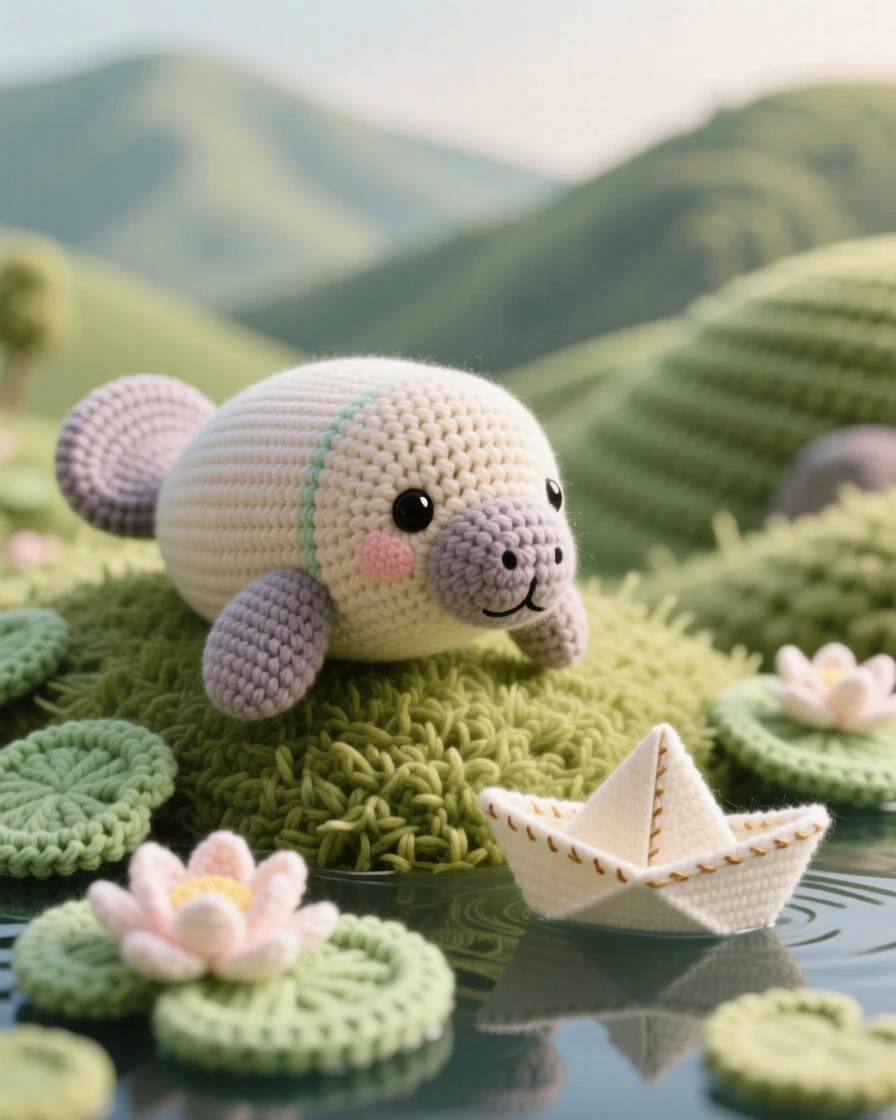 A heartwarming close-up of a baby manatee, with a rounded snout and paddle-like flippers, drifting gently near floating lily pads in a soft grassy hill overlooking a valley; a tiny paper boat floating nearby completes the scene, radiating a serene, storybook stillness.