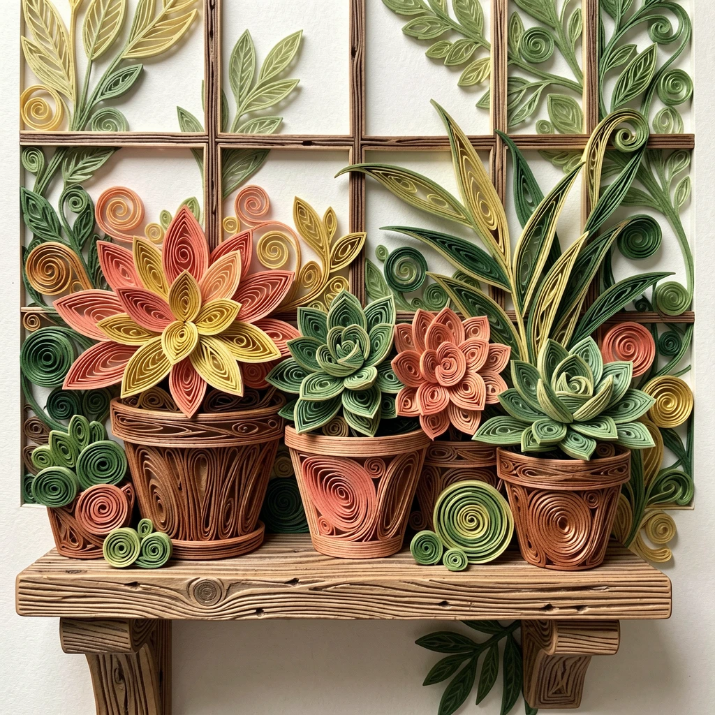 a potted succulent garden on a rustic shelf, in a botanical garden conservatory, arranged asymmetrically for a natural, organic feel, in a rich gradient of coral, gold, and green.