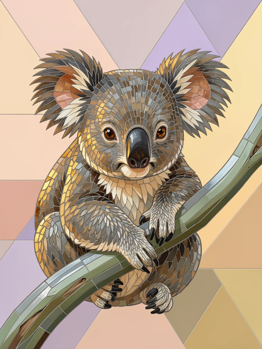 A close-up portrait of a koala clinging to a eucalyptus branch at sunrise, showing rich fur or feather detail and expressive eyes.