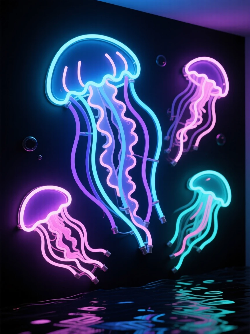 A cluster of glowing jellyfish drifting through dark open water.