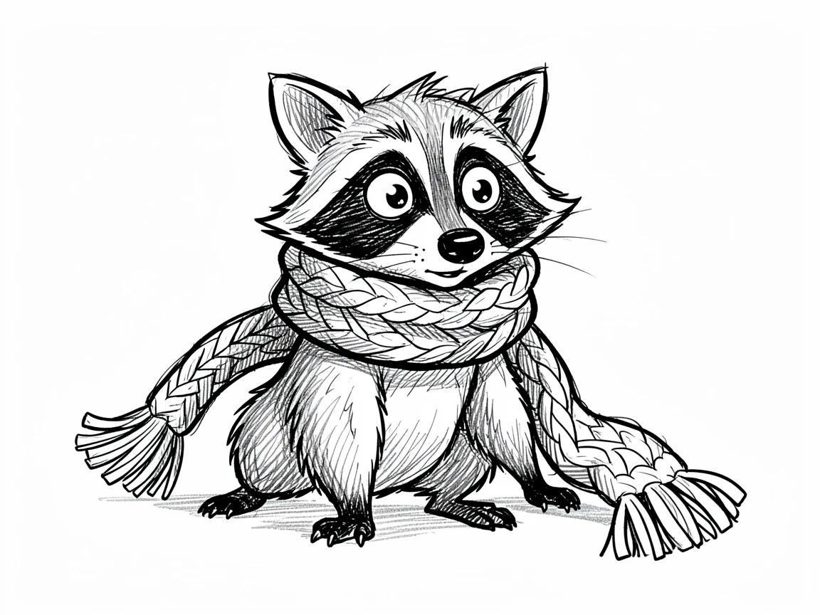 A curious raccoon wearing a knitted scarf too big for it.