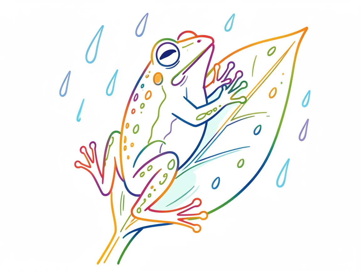 A tree frog clinging to a rain-speckled leaf, throat puffed out mid-croak.