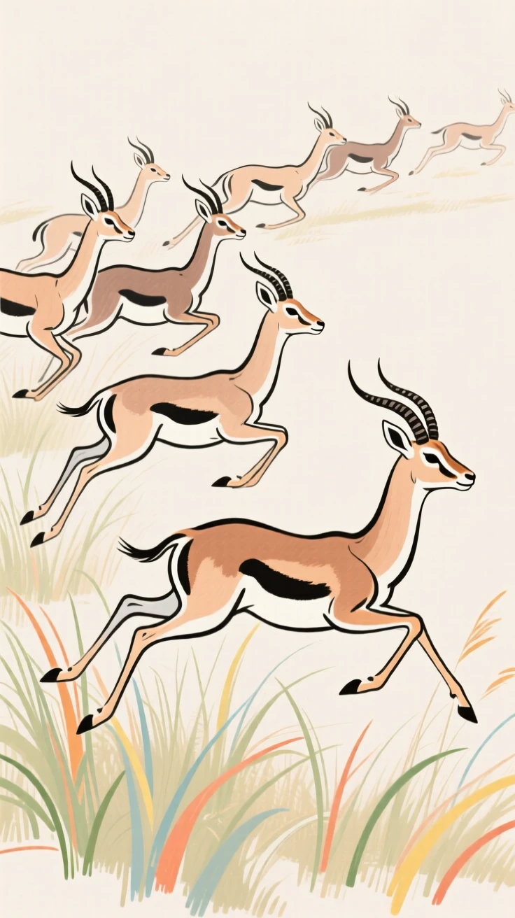 A herd of antelope leaping over tall grass while fleeing danger.