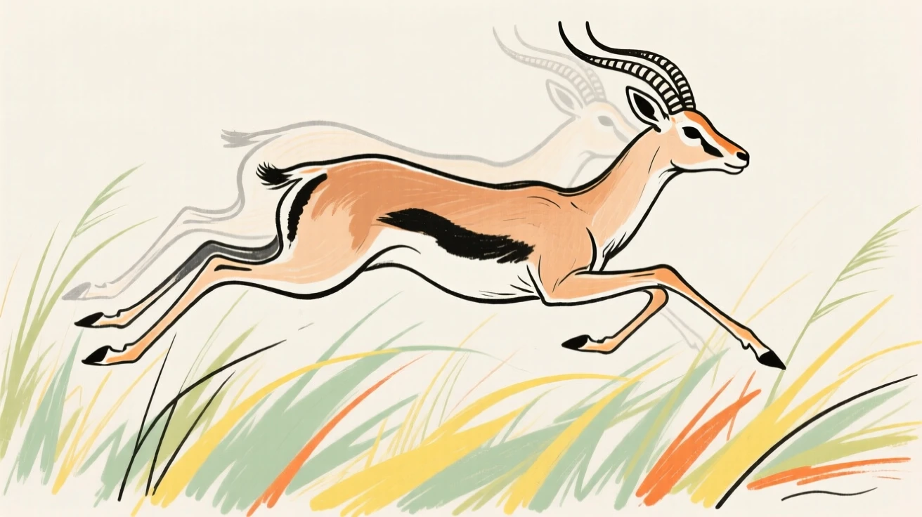 multi exposure of an antelope leaping over tall grass while fleeing danger.