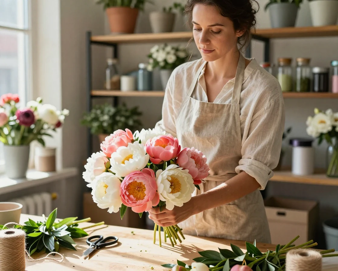 A florist arranging a bouquet of fresh peonies