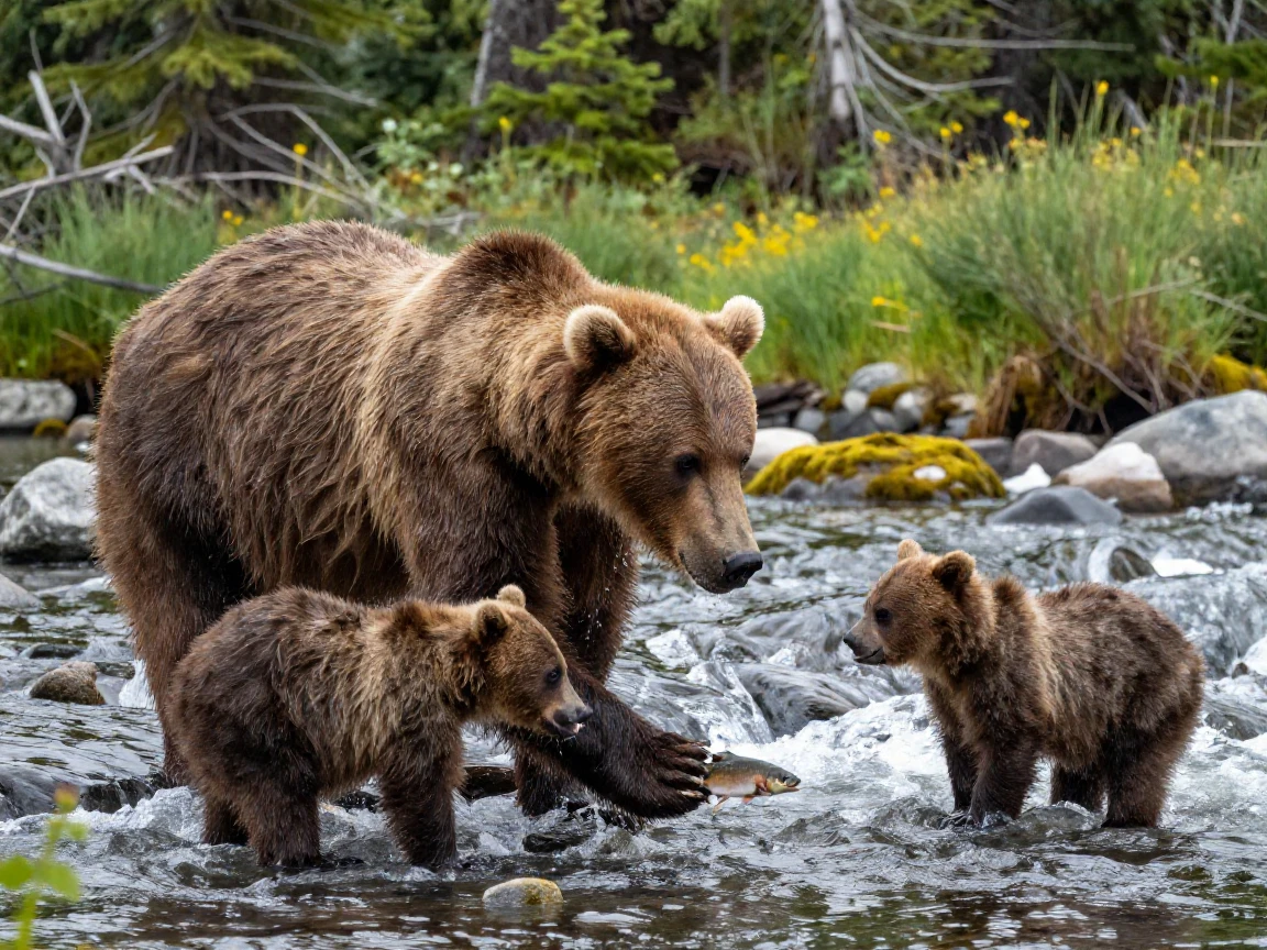 A mother bear teaches her cubs to fish for salmon in a rushing river.