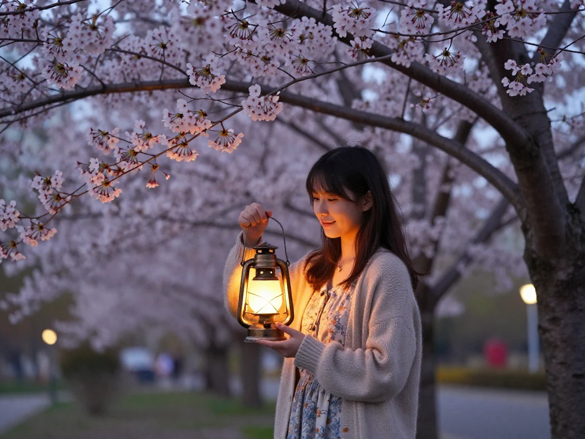 A teenage poet holding a lantern in the fading light beneath a blossoming cherry tree, a gentle smile crossing their face