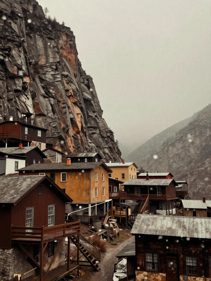 A remote mountain village clinging to a steep cliffside, under a pale winter sky, in still, windless air, in early spring, dominated by warm amber and rust tones, through a rain-streaked window.