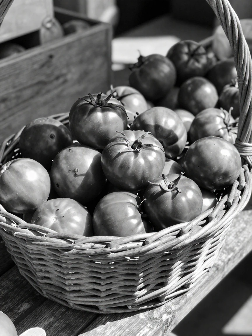 A basket of ripe tomatoes spills over the edge of a wicker basket on a sunlit market stall.