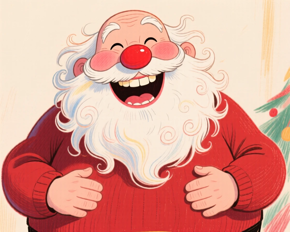A jolly Santa-like grandfather figure with a giant white beard, laughing with hands on his belly.