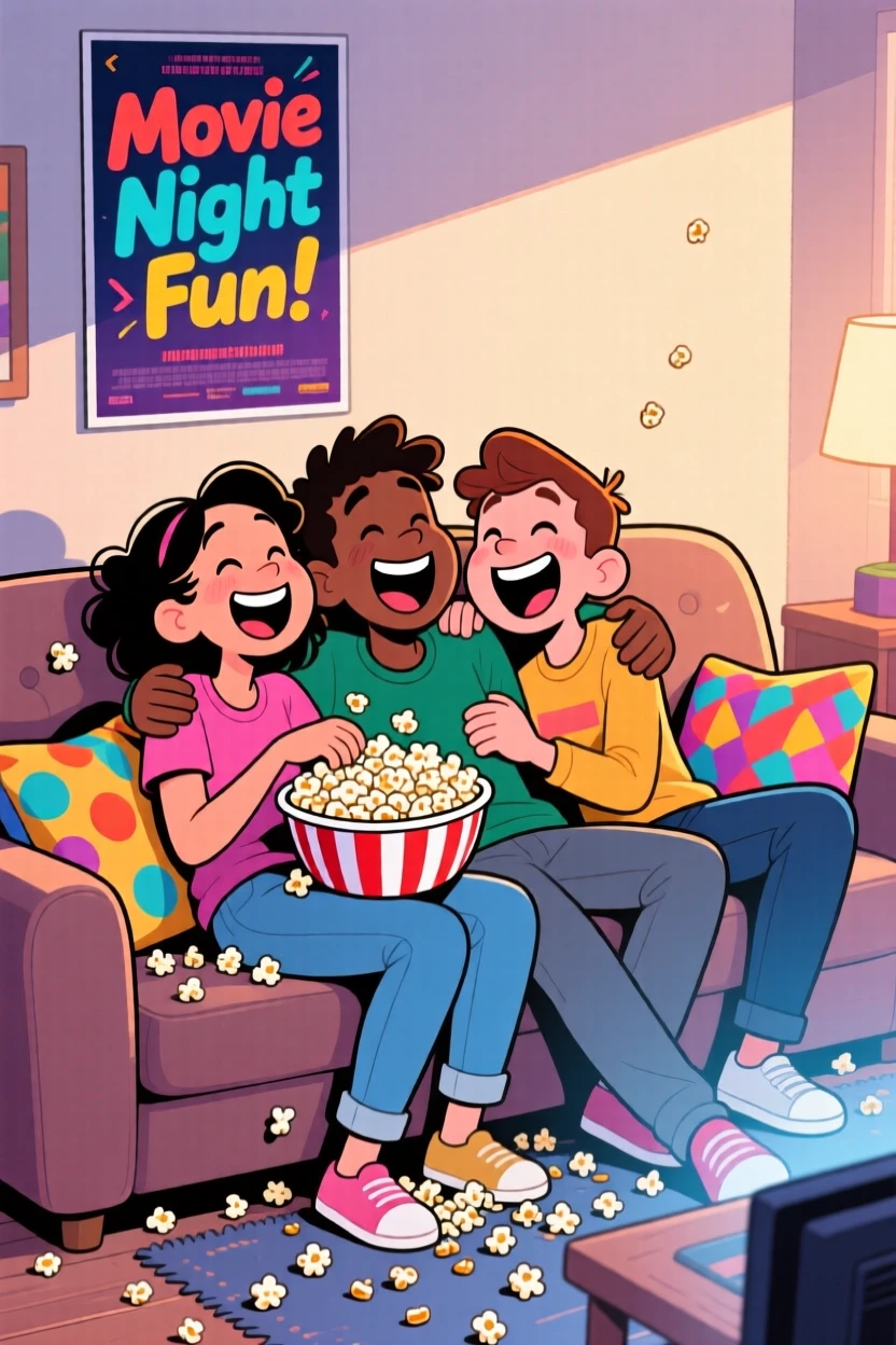 A heartwarming scene of a group of four best friends piled onto one couch for a movie night, popcorn spilling everywhere.
