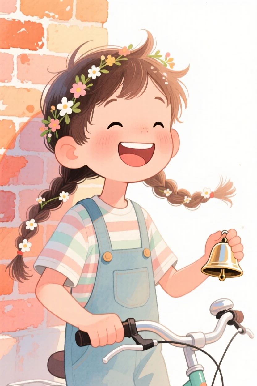 A teenage boy with tight braids adorned with tiny flowers, beaming with joy, wearing overalls with a striped shirt and holding a small bicycle bell, against a sun-drenched brick wall