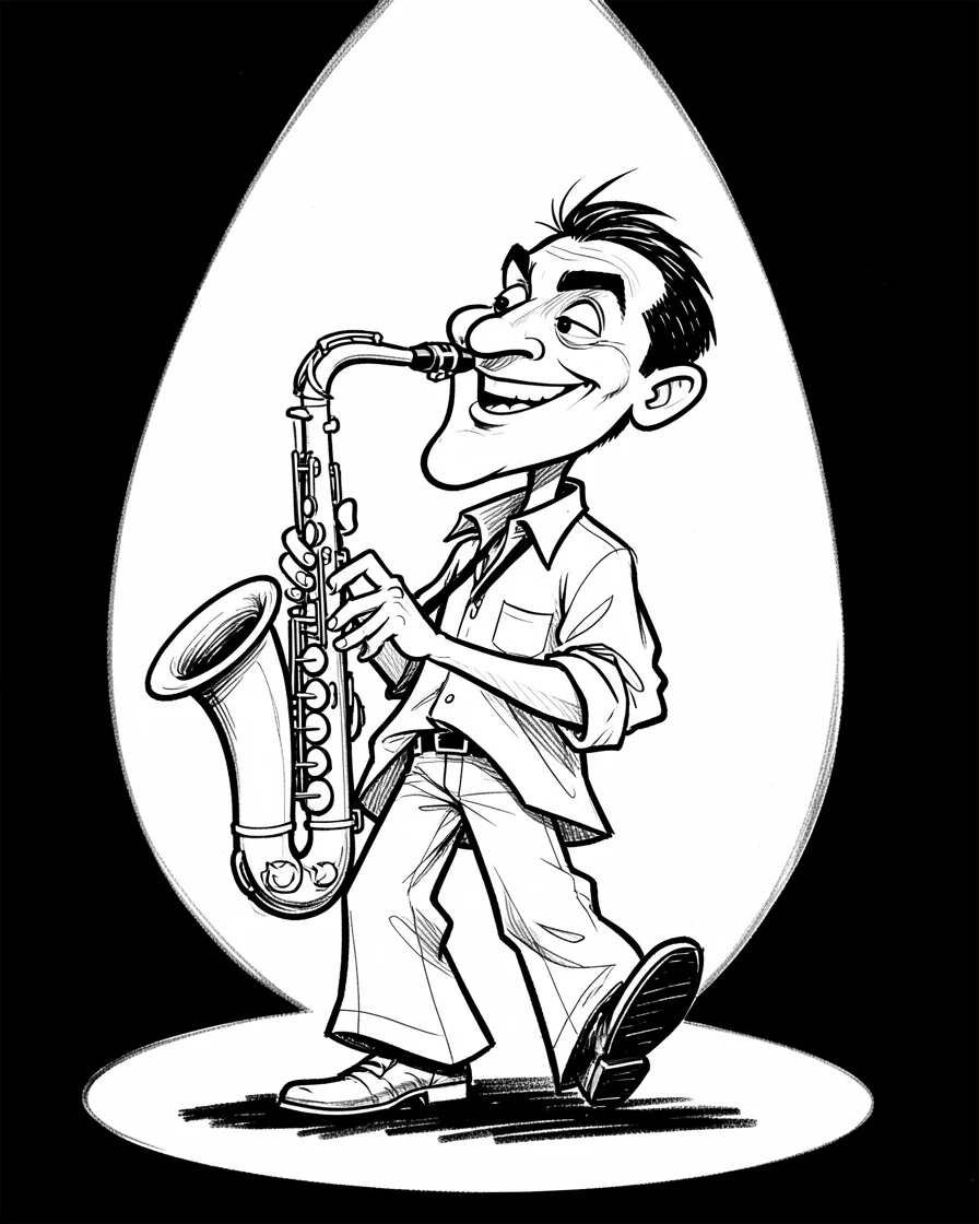[People Portraits & Characters] Portrait of a jazzy saxophone player leaning back mid-solo under a spotlight, full of personality and charm
